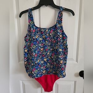 Lands’ End Women’s Size 12 Floral Tankini One-Piece Swimsuit Red Lined Modest